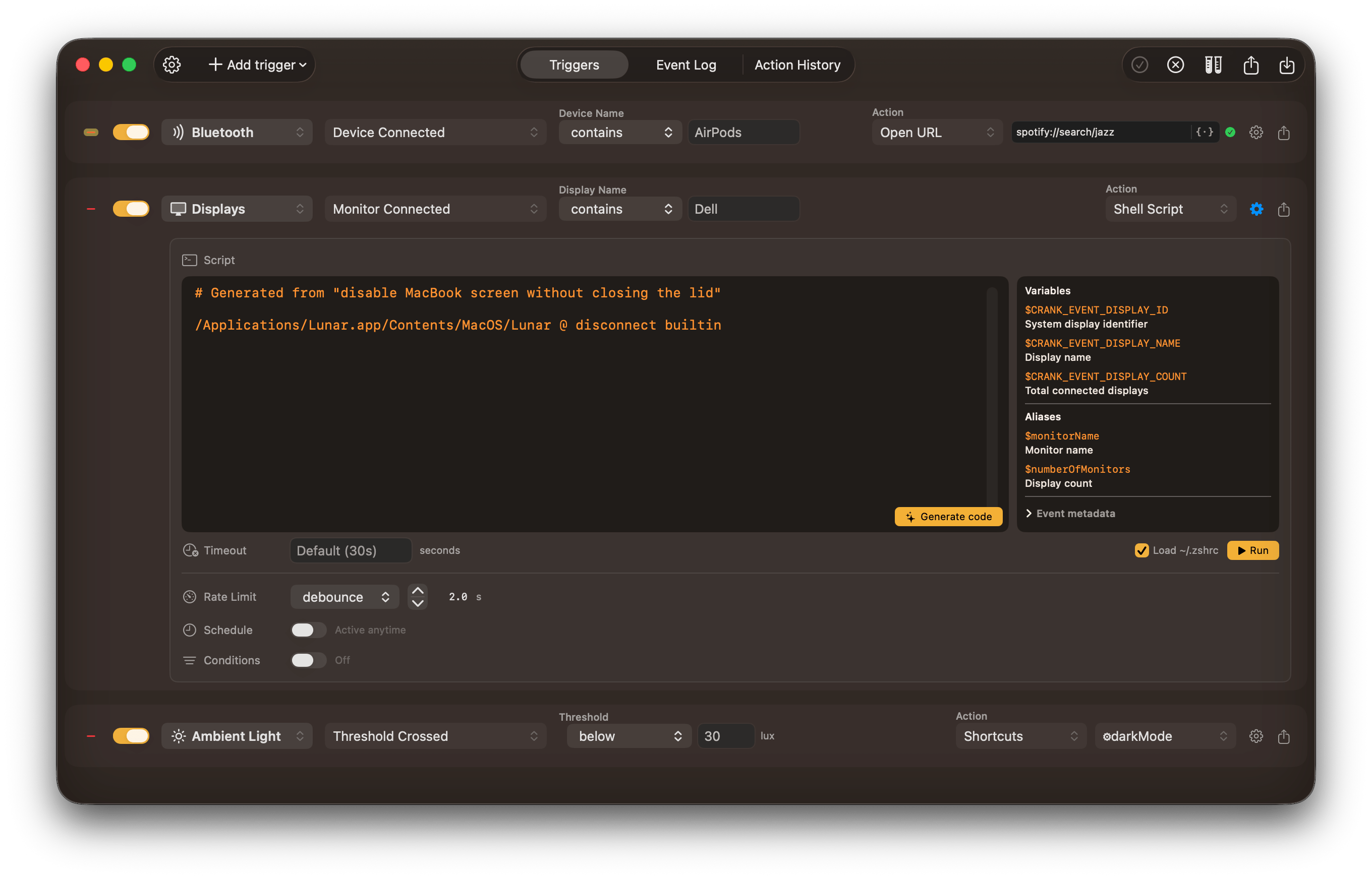 The Crank app interface showing automation rules
